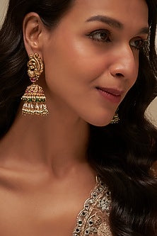 Gold Finish Uncut Zircon & Emerald Stone Temple Jhumka Earrings