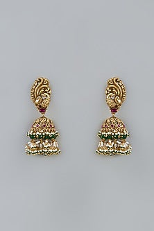 Gold Finish Uncut Zircon & Emerald Stone Temple Jhumka Earrings