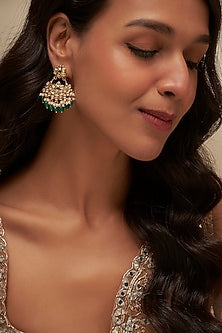 Gold Finish Uncut Zircon & Emerald Beaded Dangler Earrings
