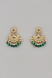 Gold Finish Uncut Zircon & Emerald Beaded Dangler Earrings