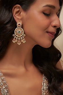 Gold Finish Round Green & Pink Stone Floral Dangler Earrings