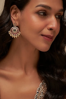 Gold Finish Pink & Green Stone Chandbali Earrings