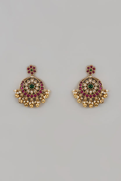 Gold Finish Pink & Green Stone Chandbali Earrings