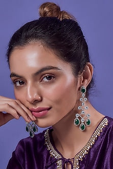 White Finish Synthetic Emerald Stone Dangler Earrings