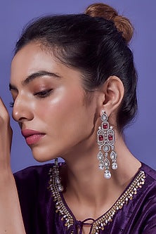 White Finish Synthetic Ruby Stone Dangler Earrings