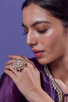 Gold Finish Kundan Polki Meenakari Ring
