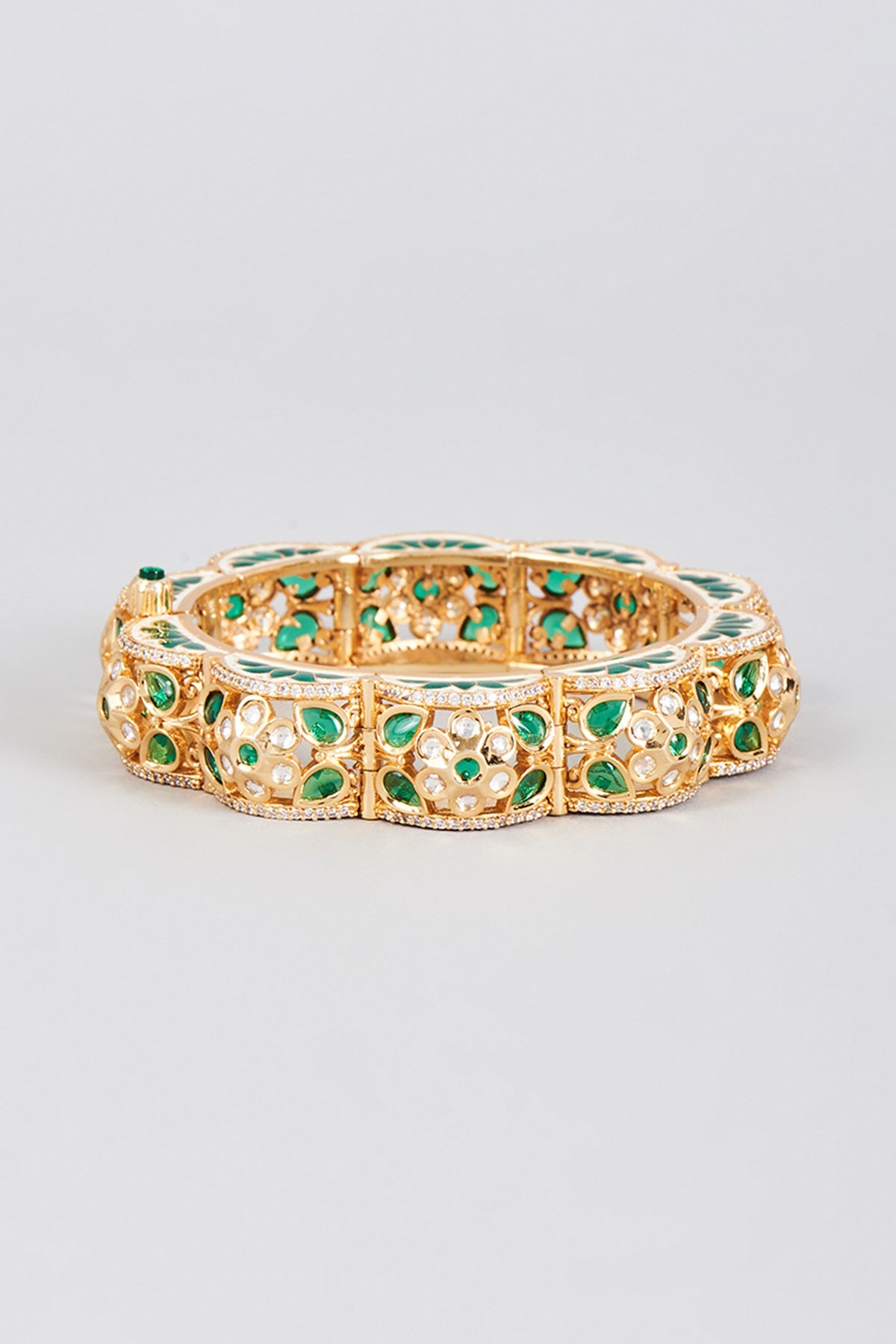 Gold Finish Synthetic Emerald Stone Enamelled Bracelet