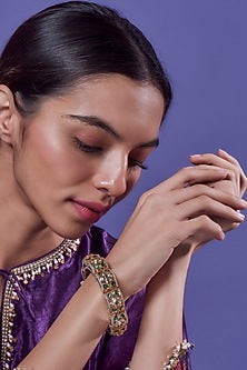 Gold Finish Synthetic Emerald Stone Enamelled Bracelet