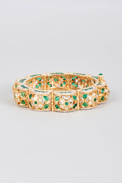 Gold Finish Synthetic Emerald Stone Enamelled Bracelet