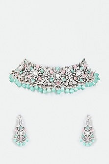 Black Rhodium Finish Kundan Polki & Multi-Colored Stone Necklace Set