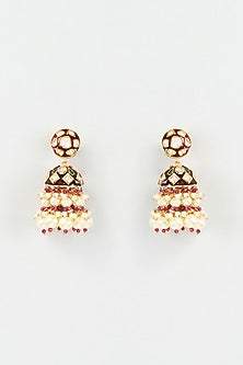 Gold Finish Red Kundan Polki Jhumka Earrings