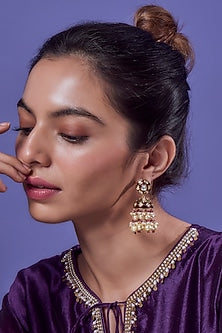 Gold Finish Red Kundan Polki Jhumka Earrings
