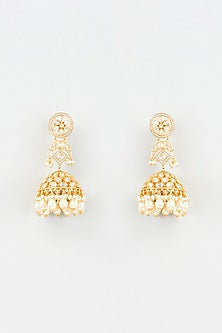 Gold Finish Kundan Polki & White Pearl Jhumka Earrings