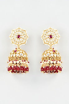 Gold Finish Kundan Polki & Red Droplet Jhumka Earrings