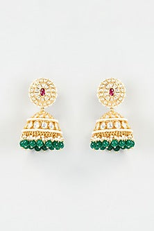 Gold Finish Kundan Polki & Multi-Colored Droplet Jhumka Earrings