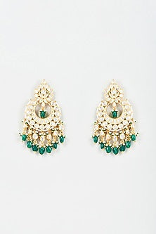 Gold Finish Kundan Polki & Green Droplet Chandbali Earrings