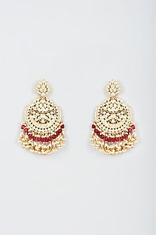 Gold Finish Kundan Polki & Red Droplet Chandbali Earrings