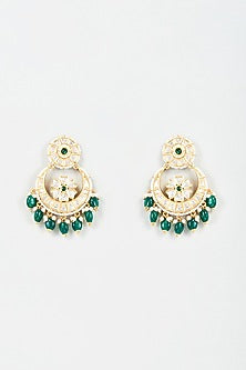 Gold Finish Kundan Polki & Green Droplet Chandbali Earrings
