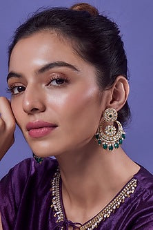 Gold Finish Kundan Polki & Green Droplet Chandbali Earrings