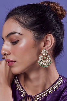 Gold Finish Turquoise Kundan Polki Chandbali Earrings