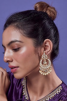 Gold Finish White Kundan Polki Chandbali Earrings