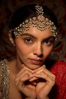 Gold Finish Green Kundan Polki Mathapatti