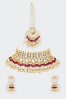 Gold Finish Kundan Polki & Red Drop Choker Necklace Set