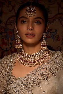 Gold Finish Kundan Polki & Red Drop Choker Necklace Set