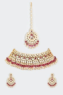 Gold Finish Kundan Polki & Red Drop Choker Necklace Set