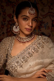 Gold Finish Kundan Polki & Red Drop Choker Necklace Set
