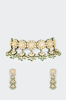 Gold Finish Kundan Polki Meenakari Choker Necklace Set