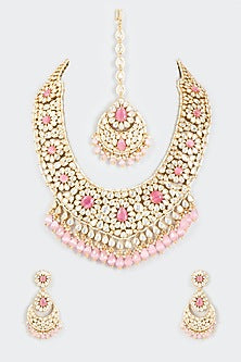 Gold Finish Pink Kundan Polki Long Necklace Set