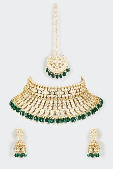 Gold Finish Kundan Polki & Emerald Droplet Choker Necklace Set
