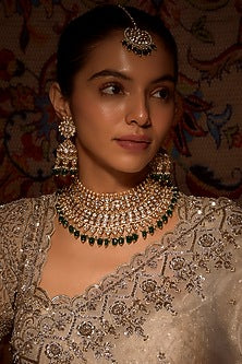 Gold Finish Kundan Polki & Emerald Droplet Choker Necklace Set