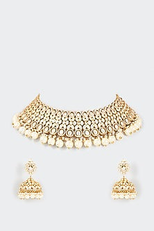 Gold Finish Kundan Polki & Pearl Drop Choker Necklace Set