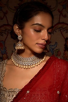 Gold Finish Kundan Polki & Pearl Drop Choker Necklace Set