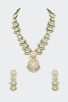 Gold Finish Green Kundan Polki Enameled Long Necklace Set