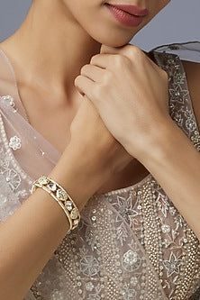 Gold Finish Pearl & Kundan Polki Meenakari Bracelet