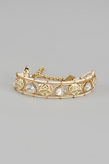 Gold Finish Pearl & Kundan Polki Meenakari Bracelet