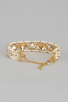 Gold Finish Pearl & Kundan Polki Meenakari Bracelet