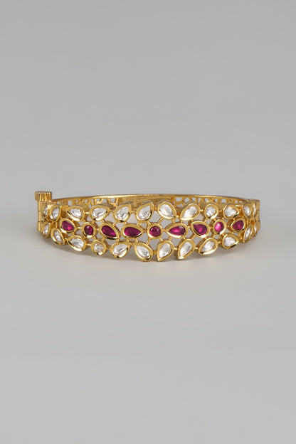 Rose Gold Finish Uncut Kundan Polki & Ruby Stone Bracelet