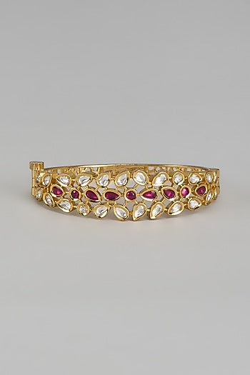 Rose Gold Finish Uncut Kundan Polki & Ruby Stone Bracelet