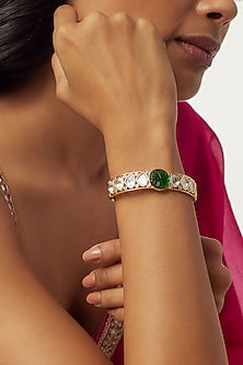 Gold Finish Green Stone & Pearl Bracelet