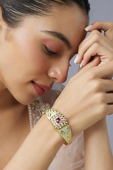 Gold Finish Uncut Kundan Polki & Ruby Stone Enameled Bracelet