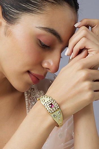 Gold Finish Uncut Kundan Polki & Ruby Stone Enameled Bracelet