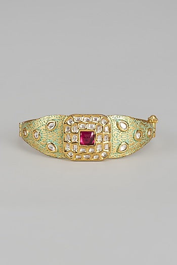 Gold Finish Uncut Kundan Polki & Ruby Stone Enameled Bracelet