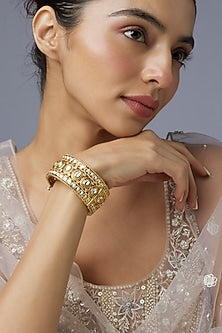 Gold Finish Kundan Polki Broad Bracelet