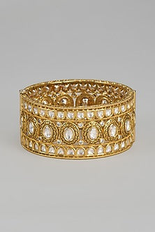 Gold Finish Kundan Polki Broad Bracelet