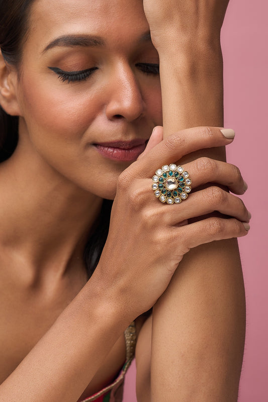 Gold Finish Kundan Polki & Emerald Stone Ring