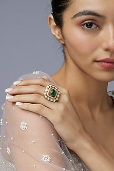 Gold Finish Kundan Polki & Emerald Stone Ring